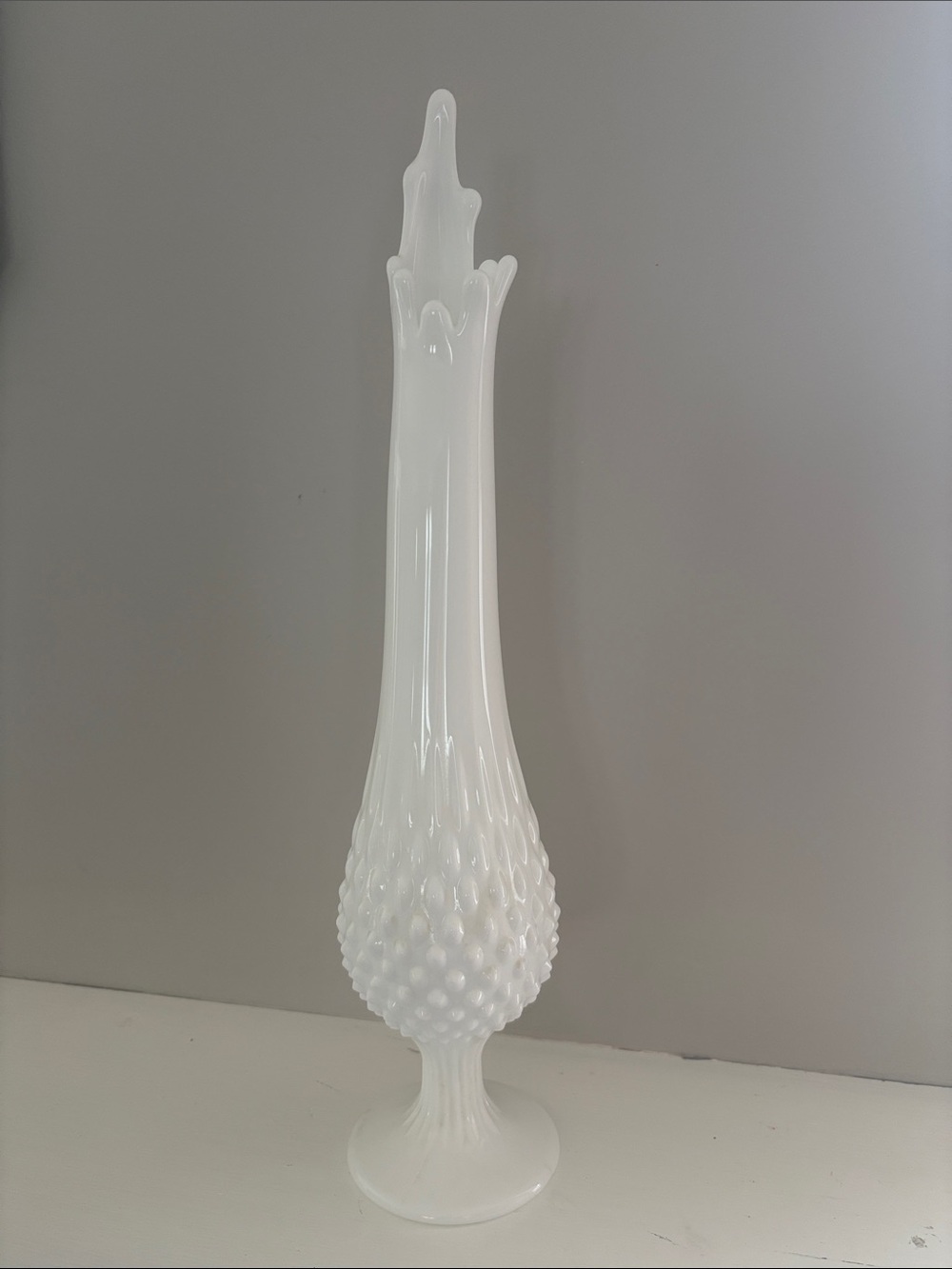 Fenton Swung hobnail milk glass pedestal 16” vase MCM